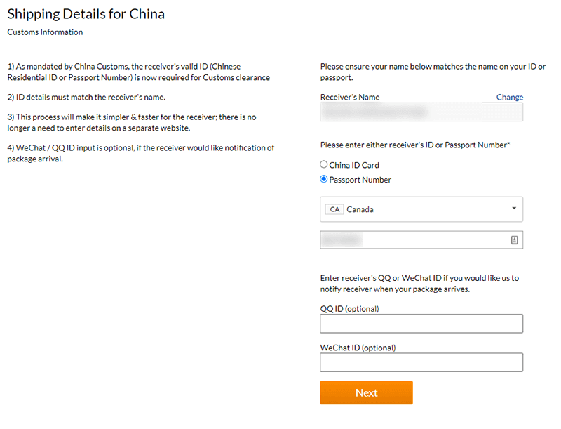 iherb China shipping details enter passport info.