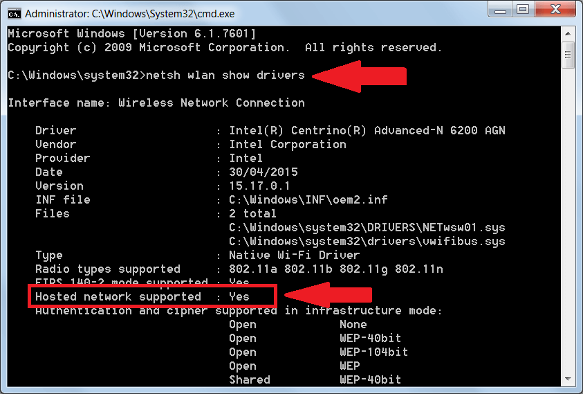 Screenshot of netsh wlan show drivers command