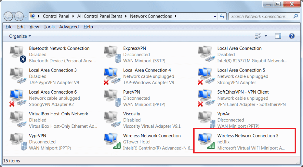 Screenshot showing new network adapter Microsoft virtual WIFI miniport adapter