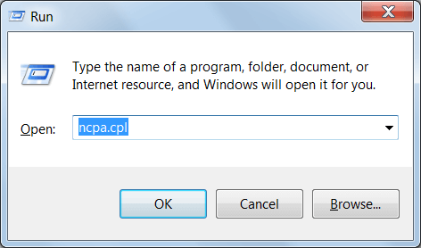 Screenshot of ncpa.cpl in Windows run dialog