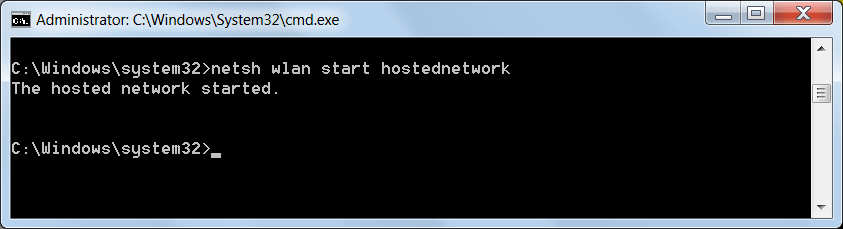 Screenshot of command: netsh wlan start hostednetwork