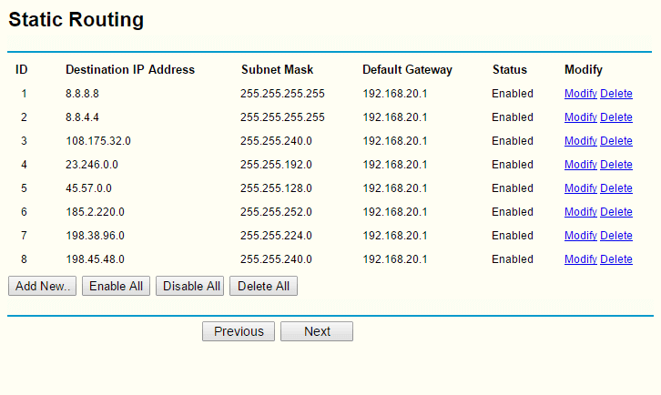 Screenshot of static routes in TP-link router for Netflix on iOS and Android with Smart DNS