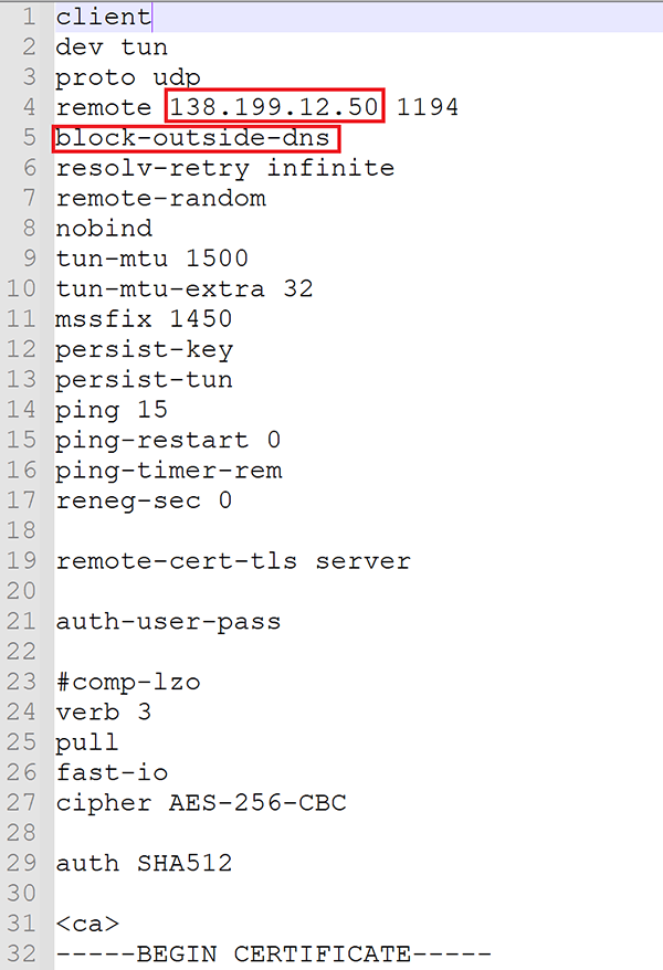 Modified OpenVPN config file with direct IP and block-outside-dns line.