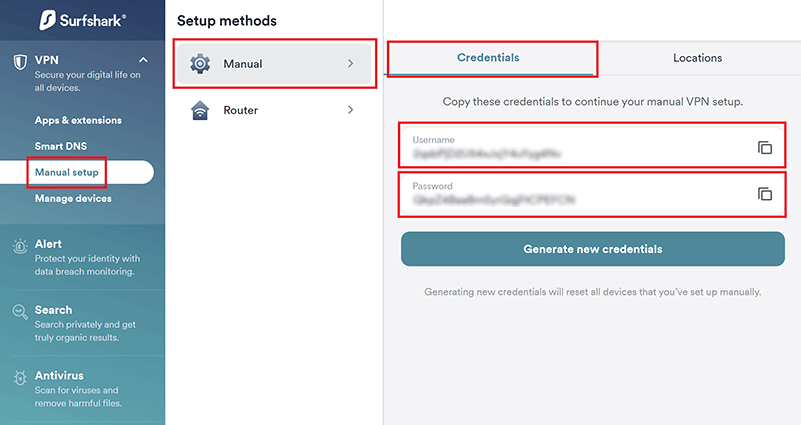 Surfshark website customer area OpenVPN credentials.