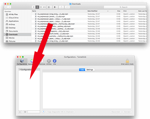 Screenshot showing how to drag config files to tunnelblick on MacOS.