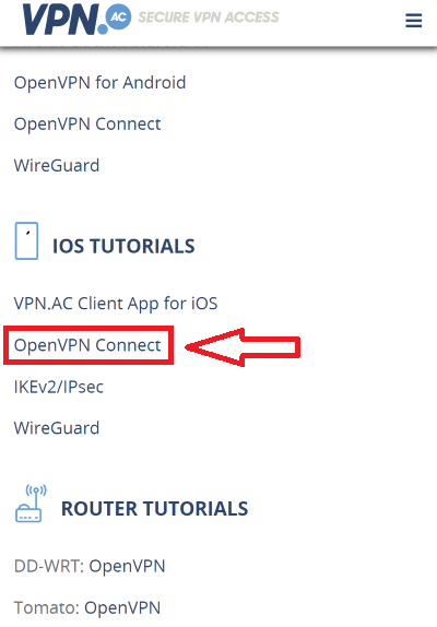 VPN.ac website OpenVPN Connect for iOS tutorial page link location.